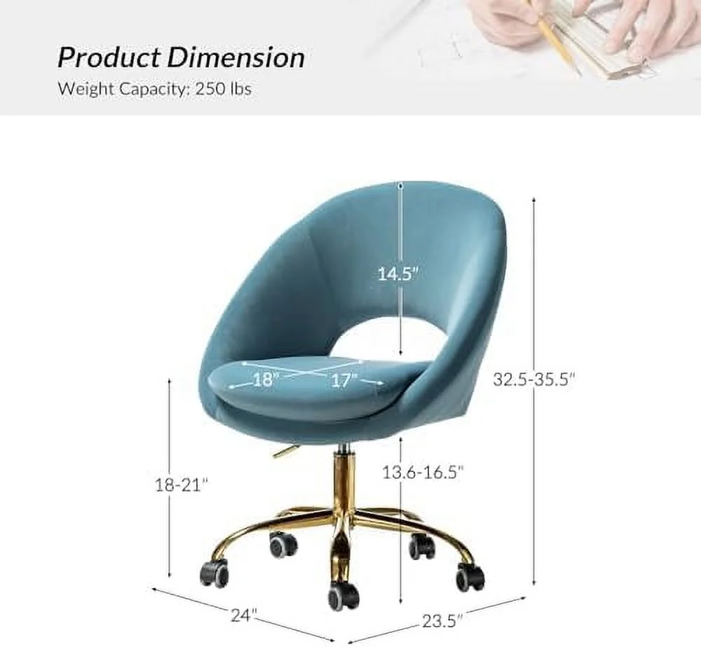 TJUNBOLIFE TINA' Modern Velvet Office Chair with with Adjustable Swivel  Comfy Upholstered Desk Chair with Open Back  Small Cute Chair for Living Room Study Vanity  Yellow