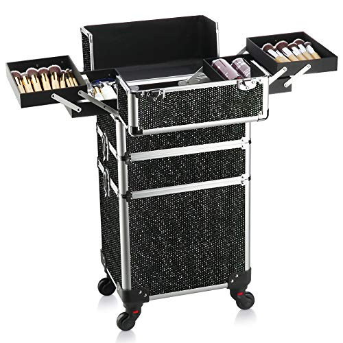 Professional Cosmetic Train Case Aluminum Portable Makeup Storage Case Box with Folding Trays and Universal Wheels Black