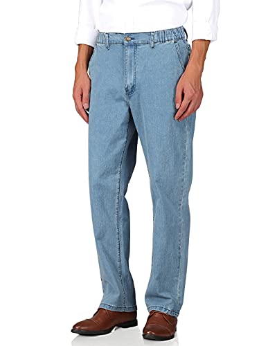 Soojun Mens Elastic Waist Jeans Relaxed Fit with Zipper and Button