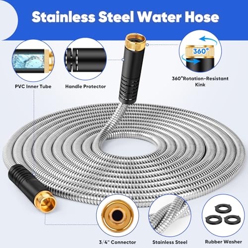 Garden Hose, Stainless Steel Metal Water Hose with 10 Function Nozzle, Lightweight Hose, No Kink, Leak-proof, Puncture Resistant for Yard, Outdoor, RV(25 ft)