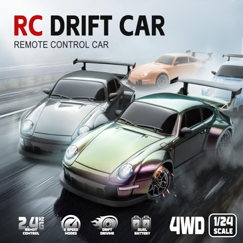 RC Drift Car, 1:24 Scale Remote Control Vehicle with LED Lights, 2.4GHz 20KM/H 4WD High Speed RC Cars, Drifting Tires＆Two Batteries, Racing Sports Toy Idea Gift for Adults Boys Girls and Kids