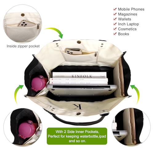 BeeGreen Mother's Day Gifts Personalized Women's Large White and Black Canvas Tote Bag, Embroidered Initials, Leather Handle, Zipper Closure