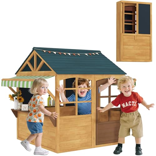 Qaba Foldable Outdoor Playhouse, Wooden Kids Cottage with Windows, Working Door, Snack Bars, Waterproof Covers, Blackboards, for Kids 3-8 Years, Brown