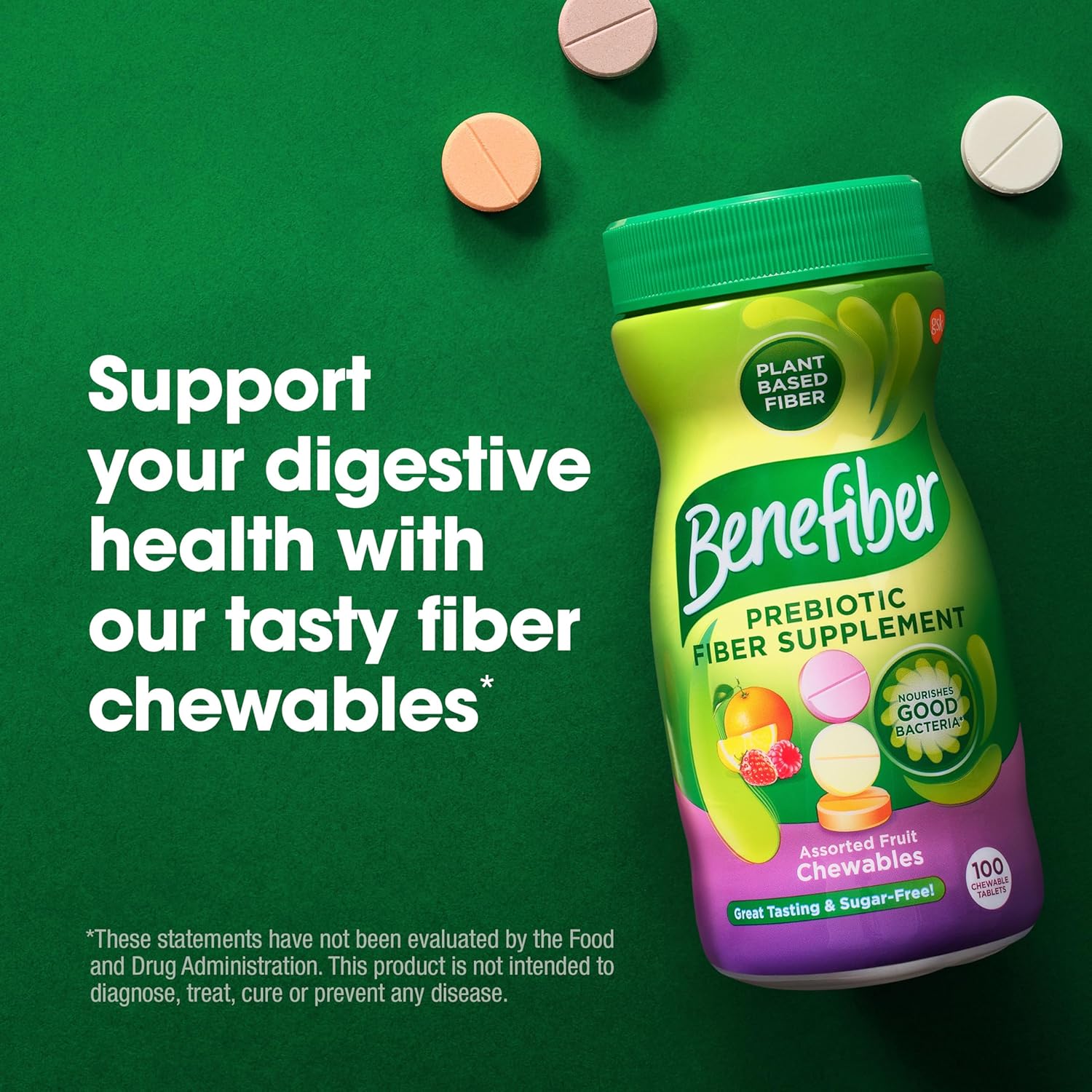 Benefiber Chewable Prebiotic Fiber Supplement Tablets for Digestive Health, Assorted Fruit Flavors - 100 Count