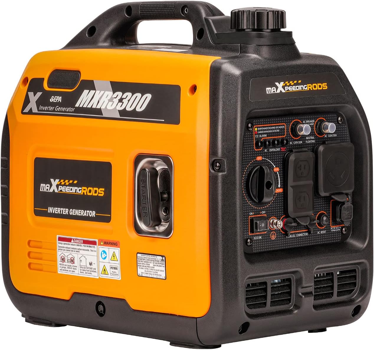 maXpeedingrods Portable Inverter Generator 3000W/3300W, Gas Powered Quiet Generator, EPA Compliant, for Home Camping Jobsites Woodwork, Co Alarm, RV Ready