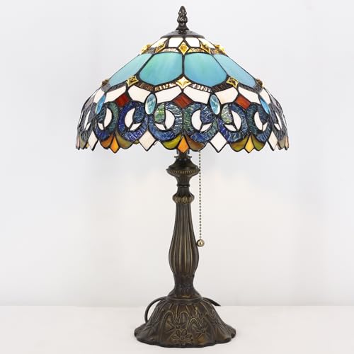 Tiffany Table Lamp Stained Glass Lamp 12X12X19 Inch Antique Reading Light (Sea Blue Pear)