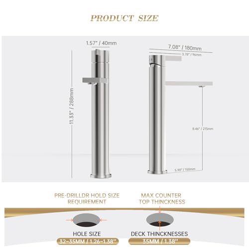 Phiestina Brushed Gold One Hole High Bathroom Vessel Sink Faucet, Single Hole Single Handle Tall Bathroom Faucet, with Pop Up Drain and Water Supply Line,FH01-BG-V