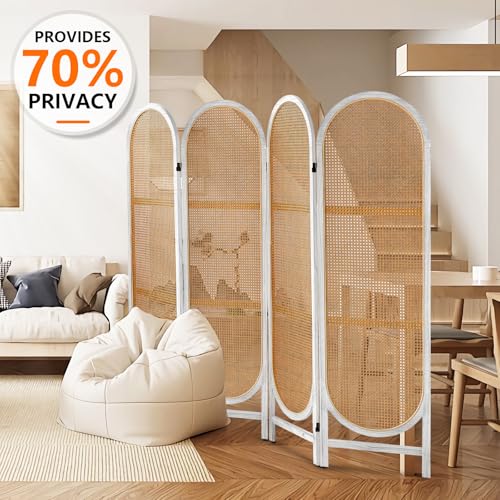 4 Panels Room Divider Wall, Foldable Wooden Room Divider, Individual Privacy Screen Made of Hand-Woven Rattan, Portable Wall Divider for Home Office Bedroom Bathroom (Black Natural)