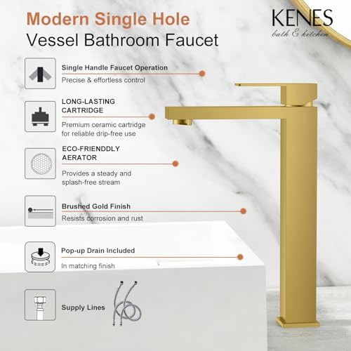 KENES Brushed Nickel Vessel Sink Facuet Single Handle Tall Bathroom Sink Faucet Vanity Bathroom Faucet Basin Mixer Tap with Water Supply Hose and Pop Up Sink Drain, LJ-9031A