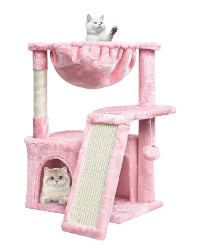SYANDLVY Cat Tree for Indoor Cats Large Adult, Modern Activity Tower with Scratching Posts & Board, Condo with Plush Perch, Climbing Stand with Cradle & Hanging Ball for Play, Light Grey