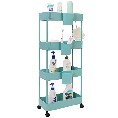 4-Tier Slim Rolling Utility Cart Storage Shelves Trolley Storage Organizer Shelving Rack with Mesh Baskets/Wheel Casters for Laundry Pantry Bathroom Kitchen Office Narrow Places(White)