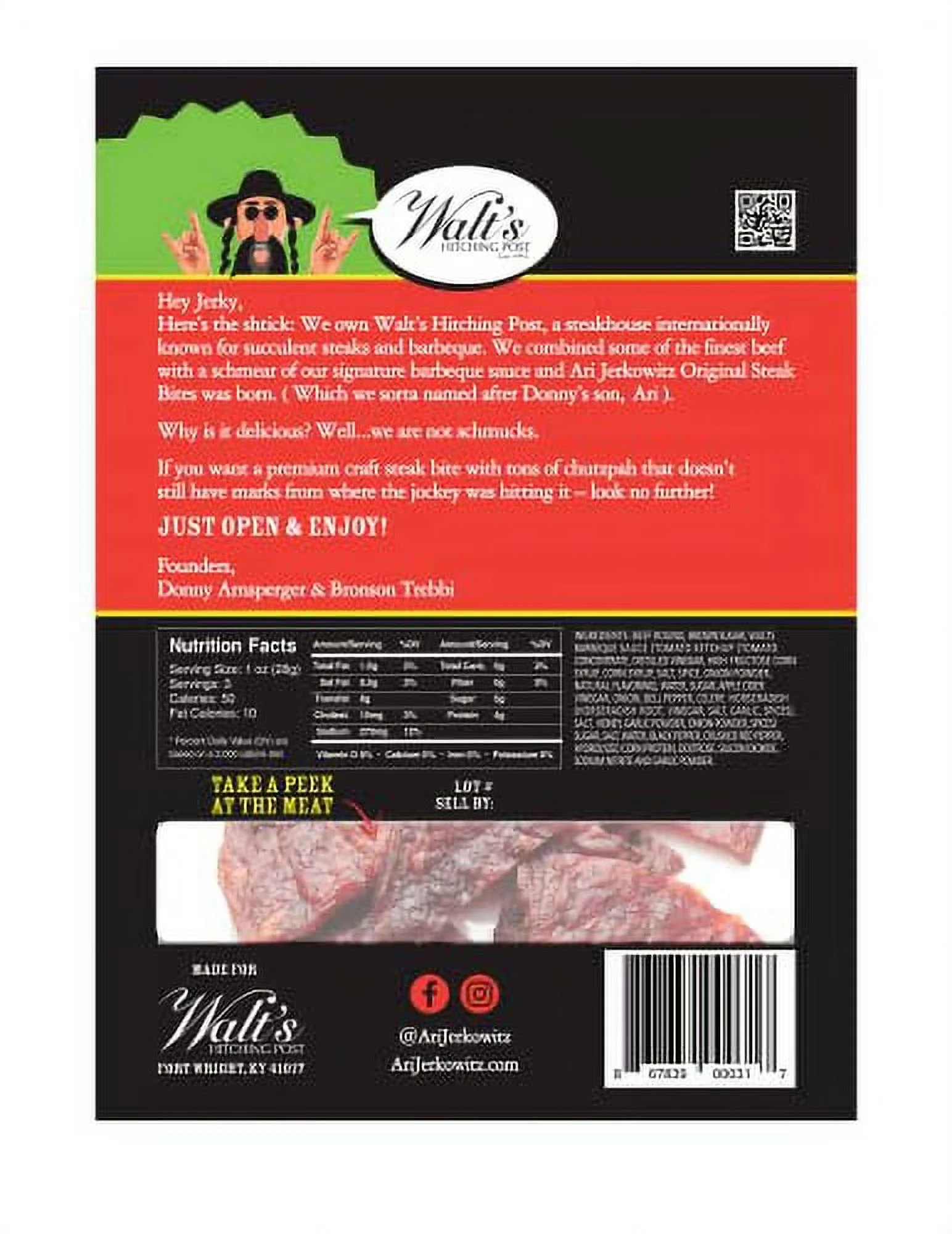 Ari Jerkowitz Original Steak Bites by Walt's Hitching Post Tender Cuts of Smoked & Dried Round Steak Beef Jerky 3 oz Bag - 6 Bags