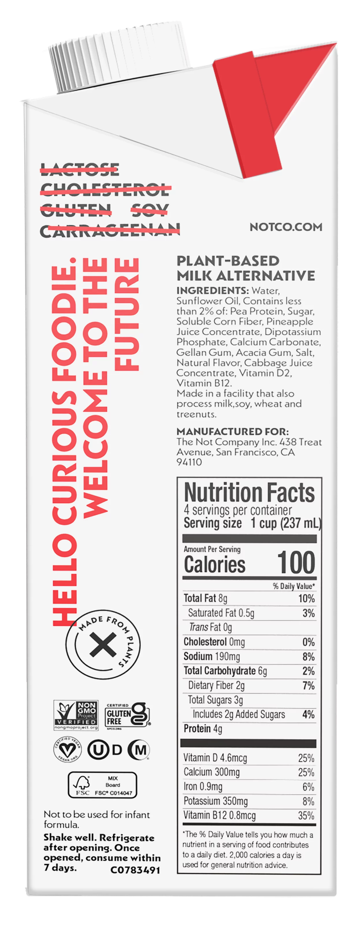 The Not Company NotMilk Whole Plant Based Milk, 32 Fl Oz, Pack of 6, Shelf-Stable, Lactose Free, Vegan, Non-GMO™