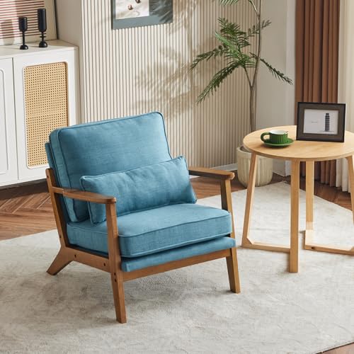 VINGLI Solid Wood Wide Armrests Accent Chair,Upholstered Mid Century Modern Chair with Pillow,Comfy Reading Chair Farmhouse Arm Chair,Chairs Living Room,Bedroom,Guest Room,Linen Fabric,Beige