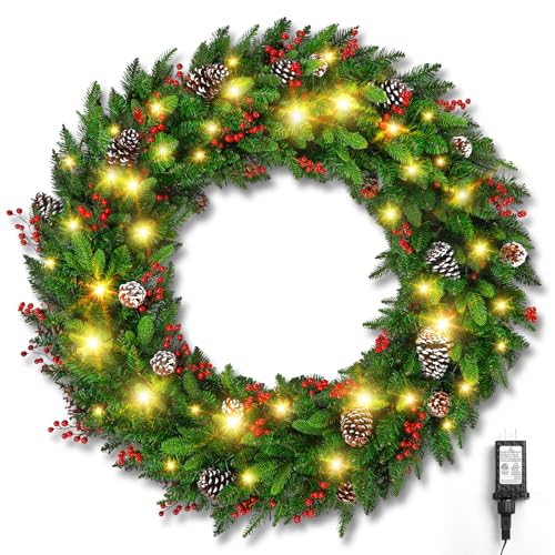 Brightown 24 Inch Pre-Lit Artificial Christmas Wreaths for Front Door,Christmas Decorations Indoor with Pine Cones & Berry Clusters, Christmas Wreath with 50 Lights for Fireplace Wall Window, Plug-in