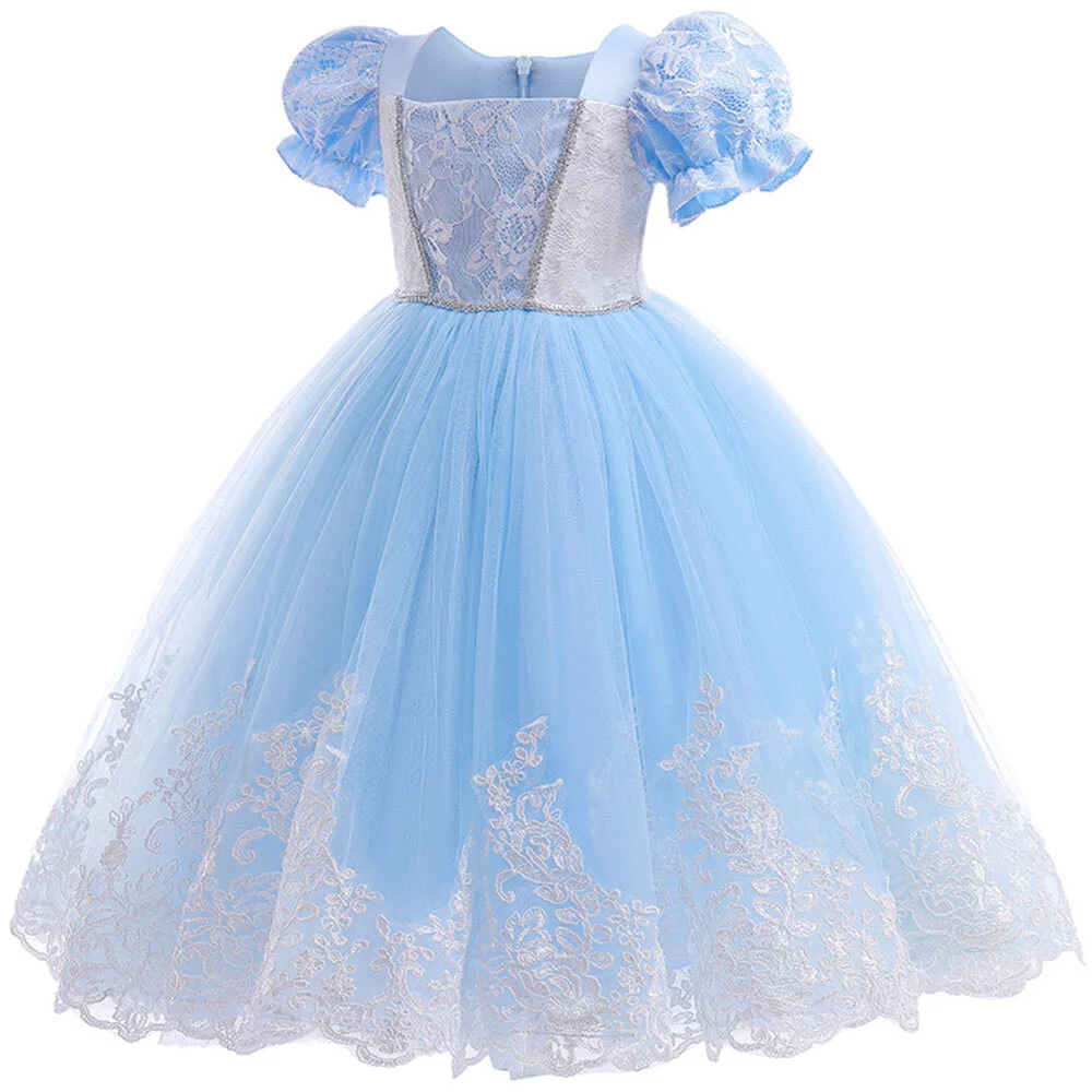 Little Girl Fancy Cinderella Princess Dress Puff Sleeve Halloween Birthady Party Cosplay Costume
