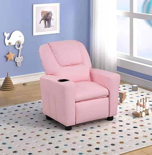 Modern PU Leather Kids Recliner Chair with Cup Holder, Adjustable 2-in-1 Kids Single Couch for Boys Girls (Pink)