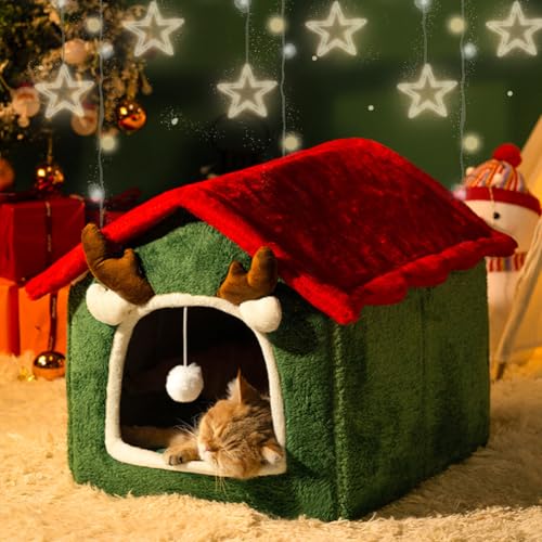 Christmas Cat House Xmas Pet Nest Luxury Indoor Dog House Winter Cat Nest Foldable Warm Soft Kennel Cozy Cat House with Removable Cushion Pillow and Non-Slip Bottom