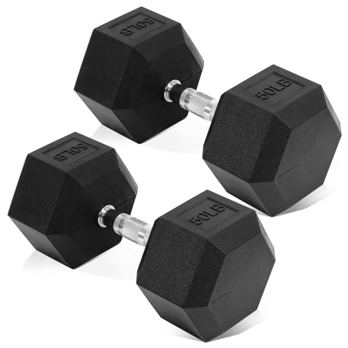 Rubber Encased Hex Dumbbell, Hand Weights with Anti-Slip Cast Iron Grip for Exercise & Fitness, Weights Dumbbells Set of 2 for Strength Training, 5-50 LBS Pair