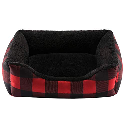 Hollypet Printed Flannel Rectangle Plush Dog Cat Bed Self-Warming Pet Bed, Christmas Red and Green Check