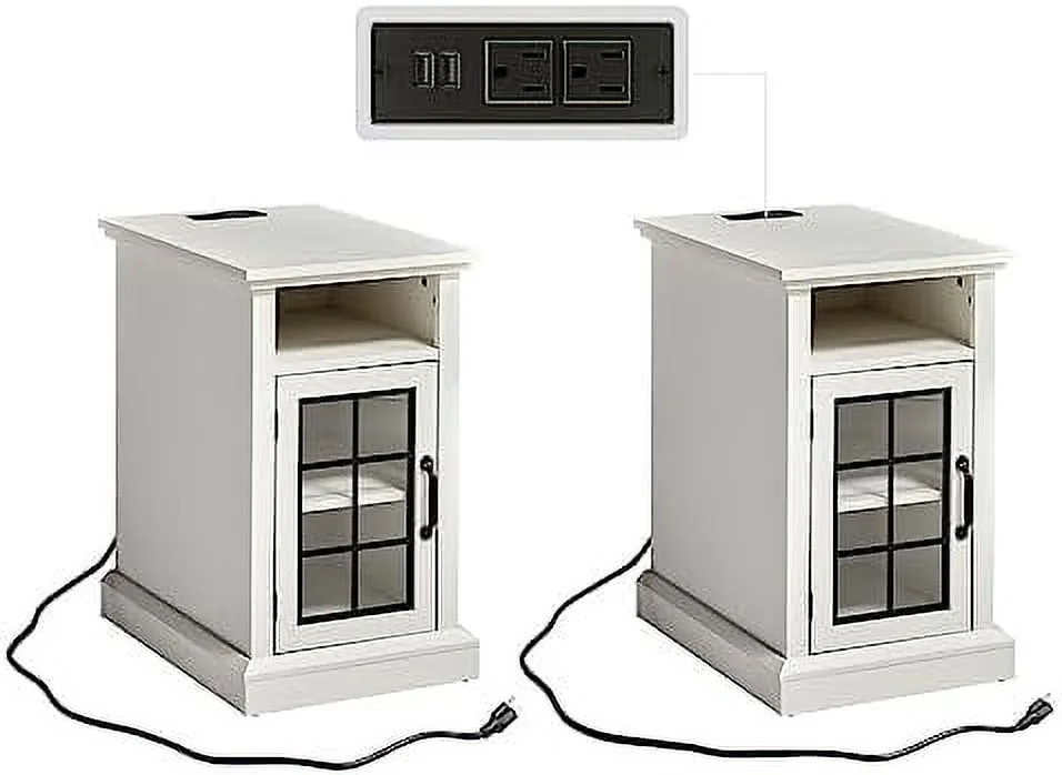 Set of 2 End Table with Charging Station&USB Ports   Side Table Cabinet with Glass Door for Living Room  Bedroom  Distressed White