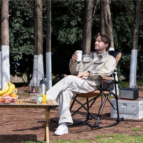Oversized Folding Rocking Camping Chair for Adults, Adjustable Padded Backrest Rocker Chair with Hard Armrests, Portable Outdoor Chairs for Patio, Lawn and Garden(Supports 350lbs), Brown