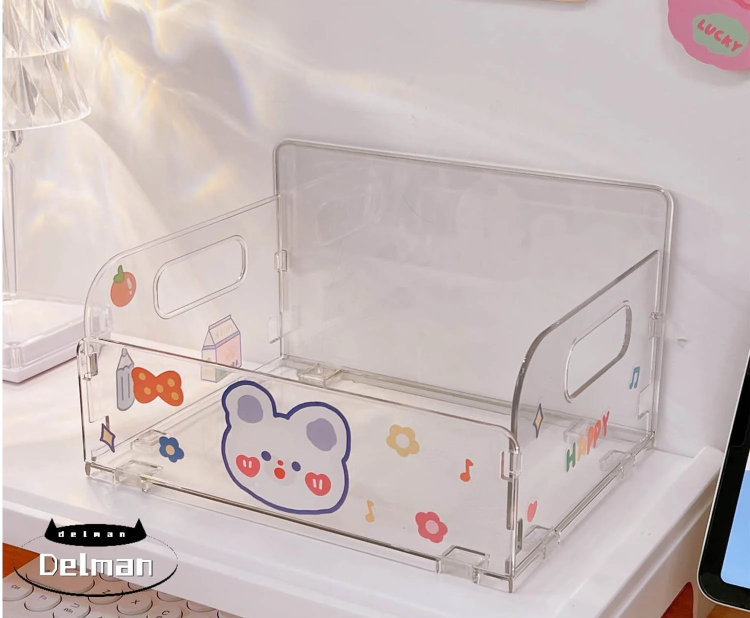 Desk Organizer with Handles Foldable Cute Kawaii Desk Organizer with Stickers for Teen Girls DIY Kawaii Book Holder Vertical School Supplies Organization and Storage (Clear+Stickers)