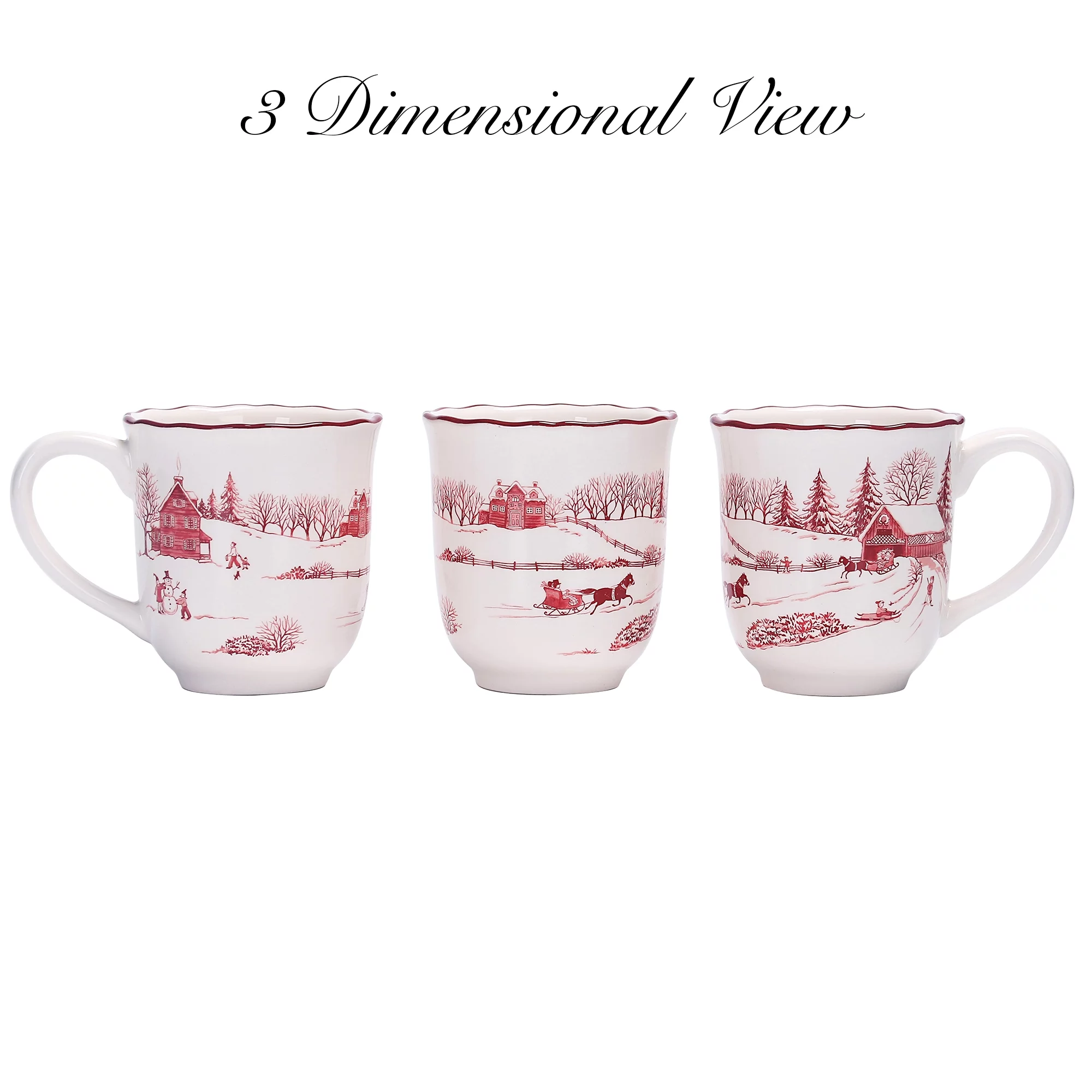 Bico Toile De Jouy Winter Wonderland Ceramic 16oz Mugs, Set of 4, for Coffee, Tea, Drinks, Microwave & Dishwasher Safe