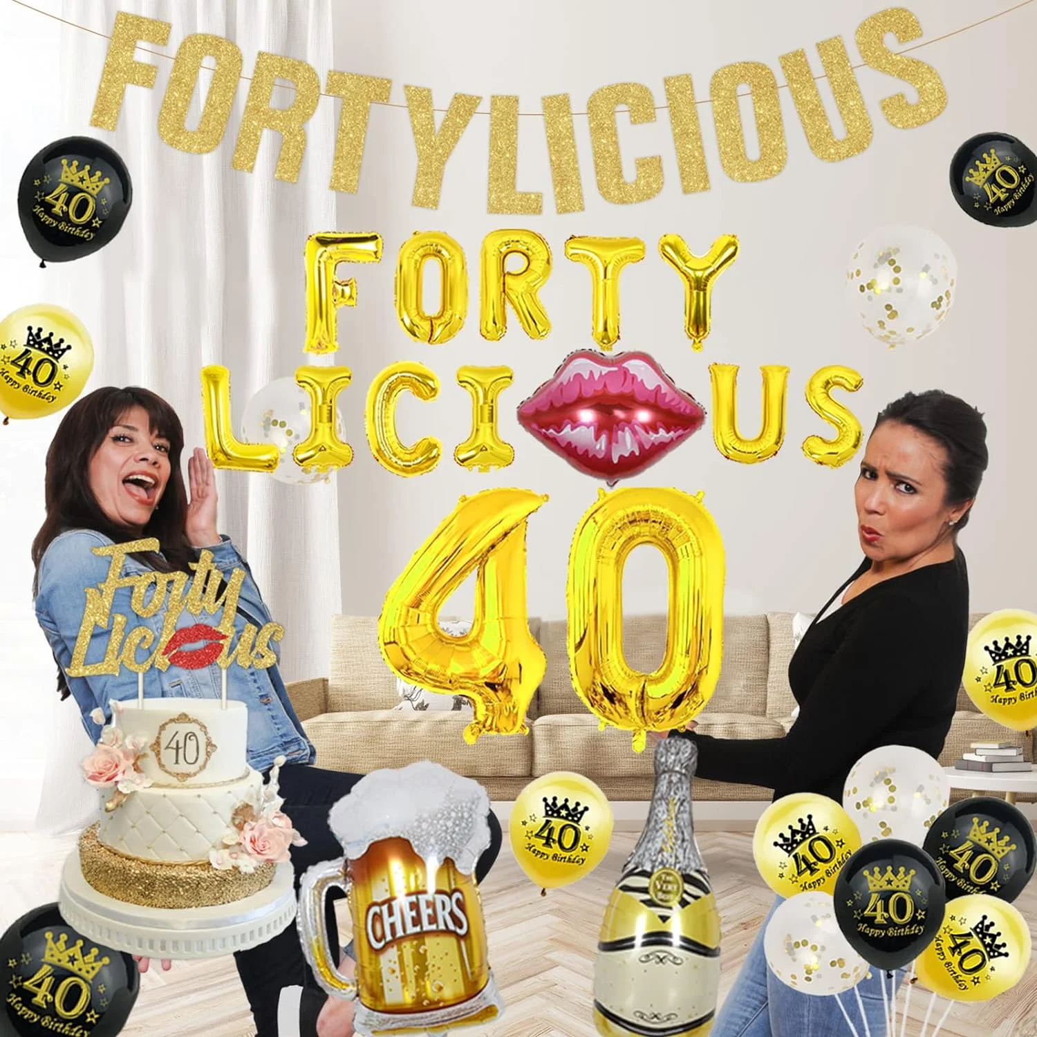 BAUBLISS 50th Birthday Decorations for Women Gold - Fiftylicious Birthday Decorations Glitter Banner Cake Topper Happy 50th Balloon, Wine Bottle Red Lip CheersBeer 50 Foil Balloon for Fifty Party.