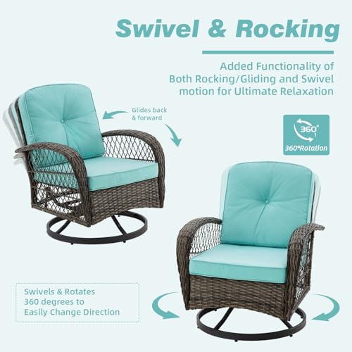 EROMMY 3 Pieces Patio Furniture Set, Outdoor Swivel Rocker Patio Chairs, Wicker Patio Bistro Set with Rocking Chair, Thickened Cushions and Glass Coffee Table for Backyard, Garden, Beige