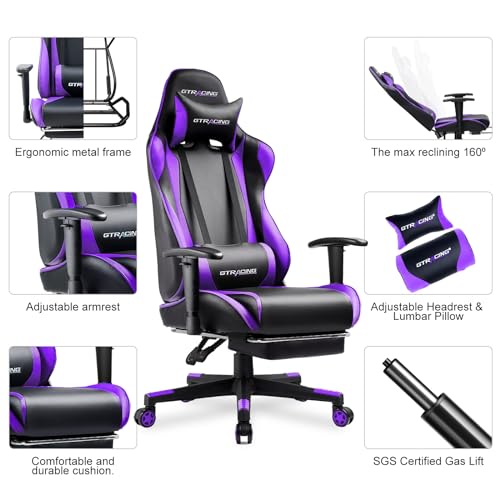 GTRACING Gaming Chair with Footrest, Ergonomic Computer Game Desk Chair, Reclining Game Chair Seat Height Adjustment, Swivel Rocker with Headrest and Lumbar (Blue)