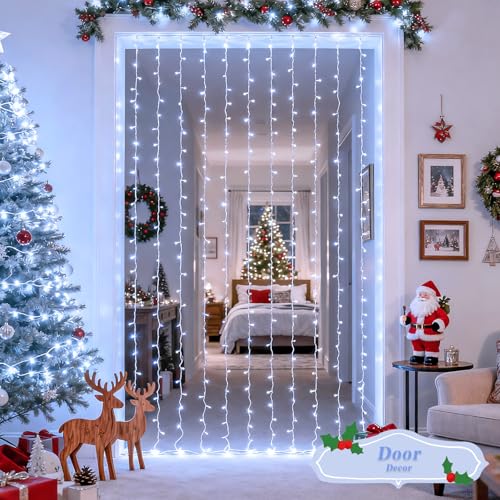 JMEXSUSS 200 LED Christmas Curtain Lights Battery Operated & USB Plug in, 8 Modes Warm White Curtain String Lights for Backdrop Bedroom Classroom Wedding Party Decorations