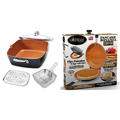 GOTHAM STEEL - 6 Quart XL Nonstick Copper Deep Square All in One 6 Qt Casserole Chef’s Pan & Stock Pot- 4 Piece Set & Double Pan, The Perfect Pancake Maker – Nonstick Copper