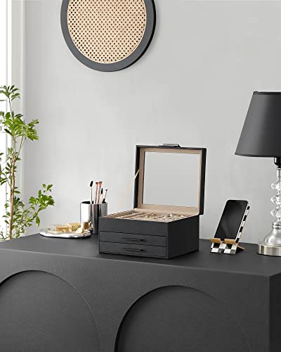 SONGMICS Jewelry Box with Glass Lid, 4-Layer Jewelry Organizer, 3 Drawers, for Big and Small Jewelry, Jewelry Storage, Modern Style, 8 x 9.1 x 6.5 Inches, Dove Gray and Gold Color UJBC173G01