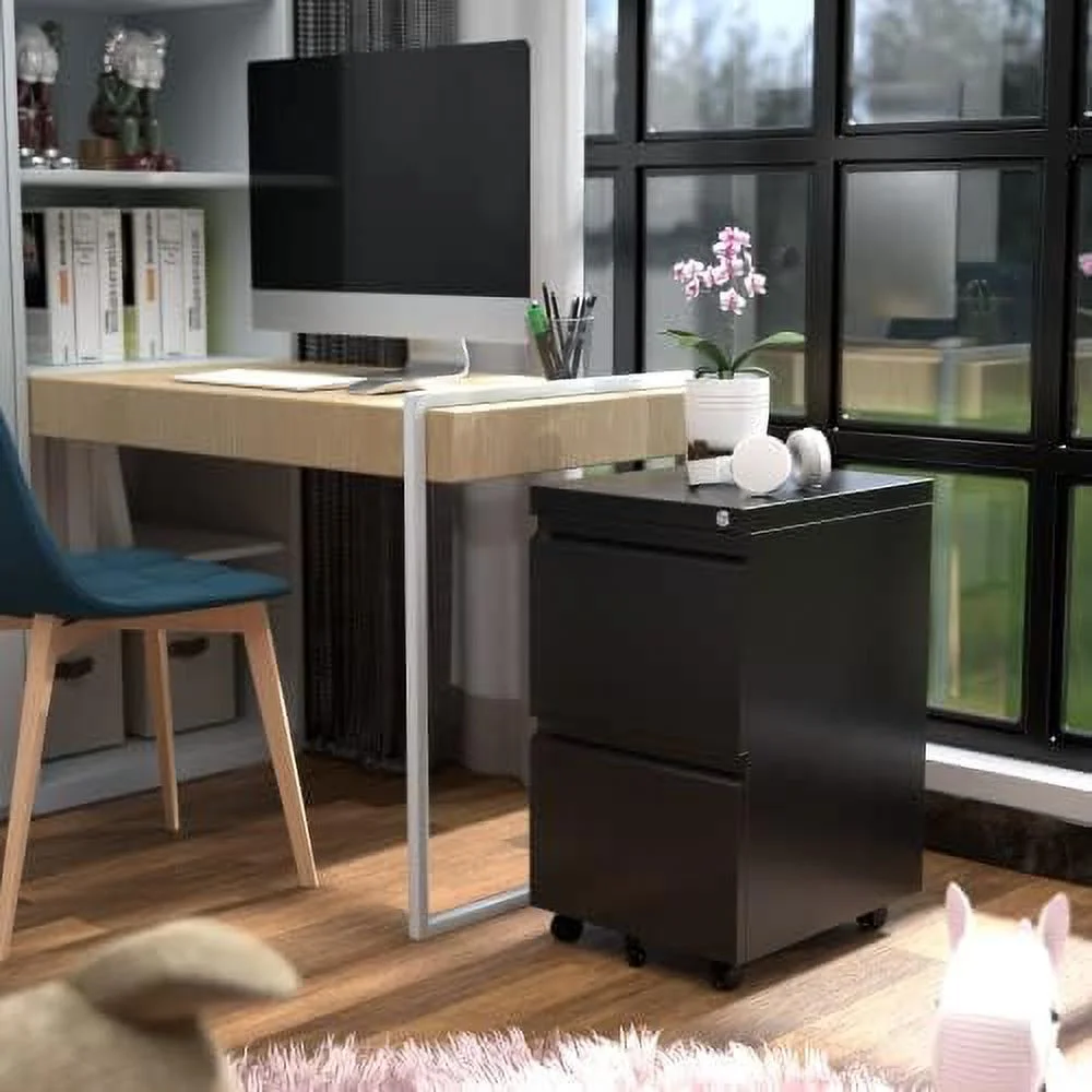 2 Drawer Vertical File Cabinet With Lock, Mobile Metal Filing Cabinet For Legal/Letter Size, Office Storage File Cabinet Under Desk, Fully Assembled, Black