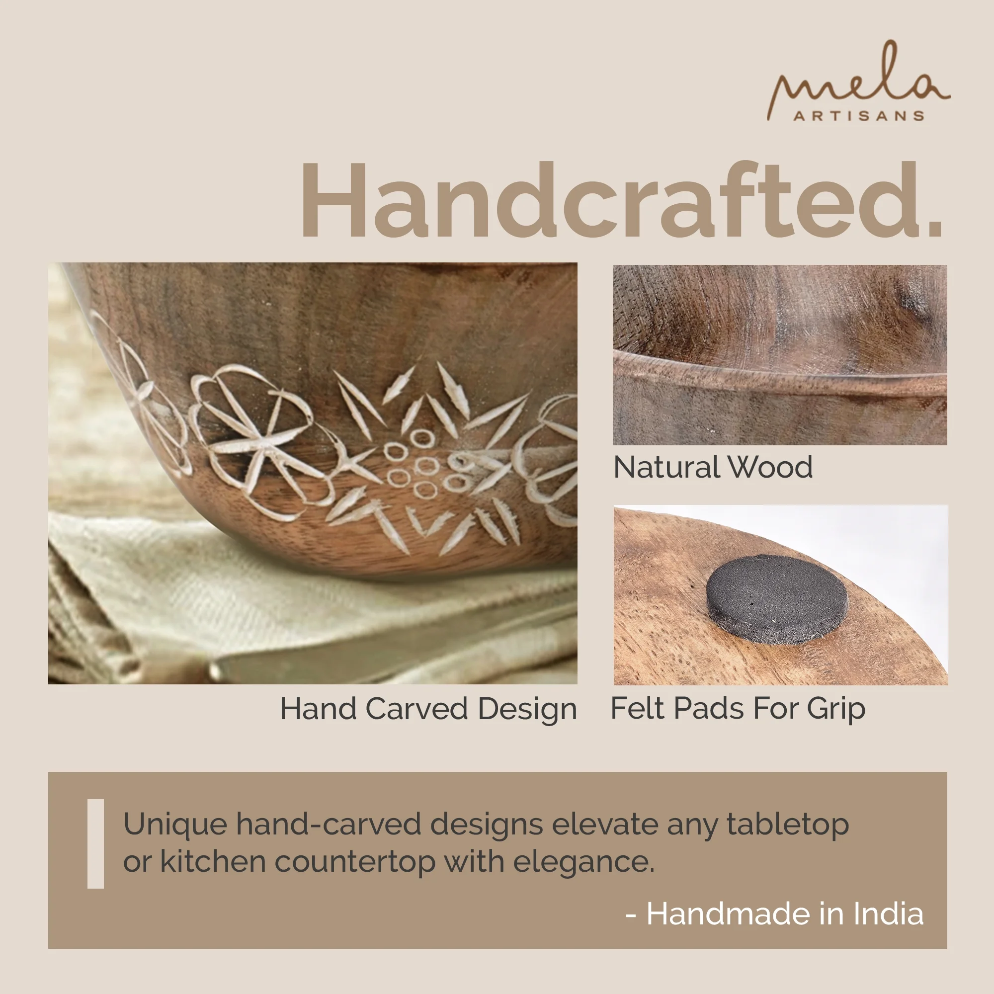 Mela Artisans hand Carved Large Wooden Serving Bowl - Natural Over White, 12