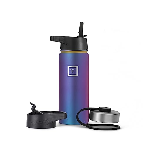 IRON °FLASK Camping & Hiking Hydration Flask with 3 Lids - Stainless Steel, Double Walled & Vacuum Insulated Water Bottle - Leak Proof & BPA Free (Midnight Black, Straw - 40 oz)