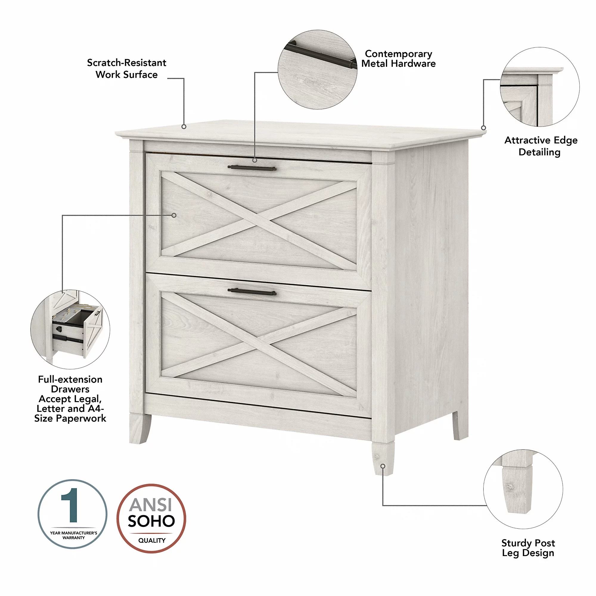 Bush Furniture Key West Lateral File Cabinet, 2 Drawer, Linen White Oak