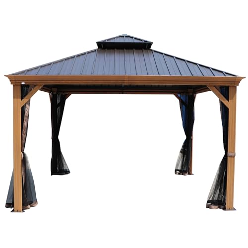 Kozyard Apollo 10’x12’ Hardtop Gazebo, Wooden Coated Aluminum Frame Canopy with Galvanized Steel Double Roof, Outdoor Permanent Metal Pavilion with Netting for Patio, Deck and Lawn (10ft x 12ft)