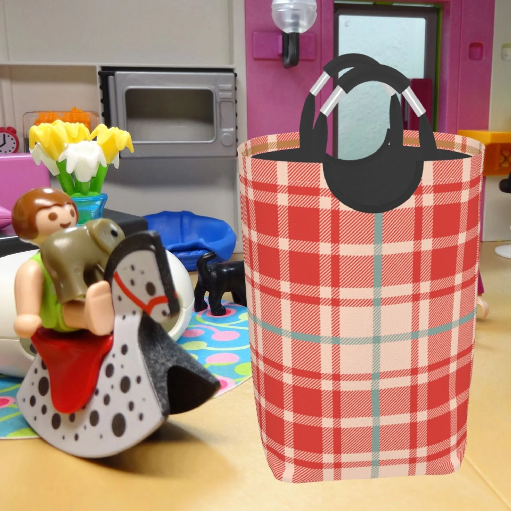 TEQUAN 50L Large Rectangular Laundry Hamper with Aluminum Handles, Beige Red Checkered Plaid Prints Waterproof Foldable Dirty Clothes Basket