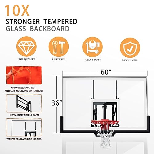 PROGOAL Basketball Hoop Garage Wall Mounted Adjustable-Height, with 60''x36''Tempered Glass Backboard, Pro-Style Breakaway Rim, Durable Bracket and All Weather Net