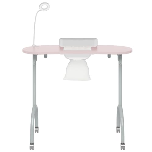 TABU Portable Manicure Nail Table, Foldable Manicure Table with Dust Collector Fan, LED Lamp, 4 Lockable Wheels and Carry Bag, Professional Nail Desk with Wrist Cushion (Pink)