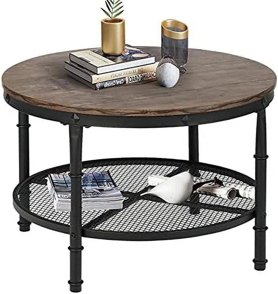 TJUNBOLIFE Small Round Coffee Table with   Rustic Center Table for Living Room  Wood Surface Top & Metal Legs & Open 2-Tier   Save Space  Grey