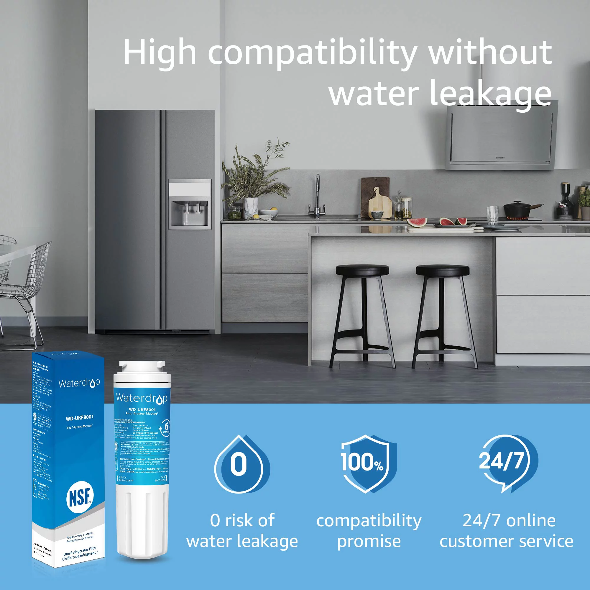 Waterdrop UKF8001 Compatible with Whirlpool EDR4RXD1, 4396395, EveryDrop Filter 4, Maytag UKF8001P, UKF8001AXX-750, Refrigerator Water Filter, Pack of 3