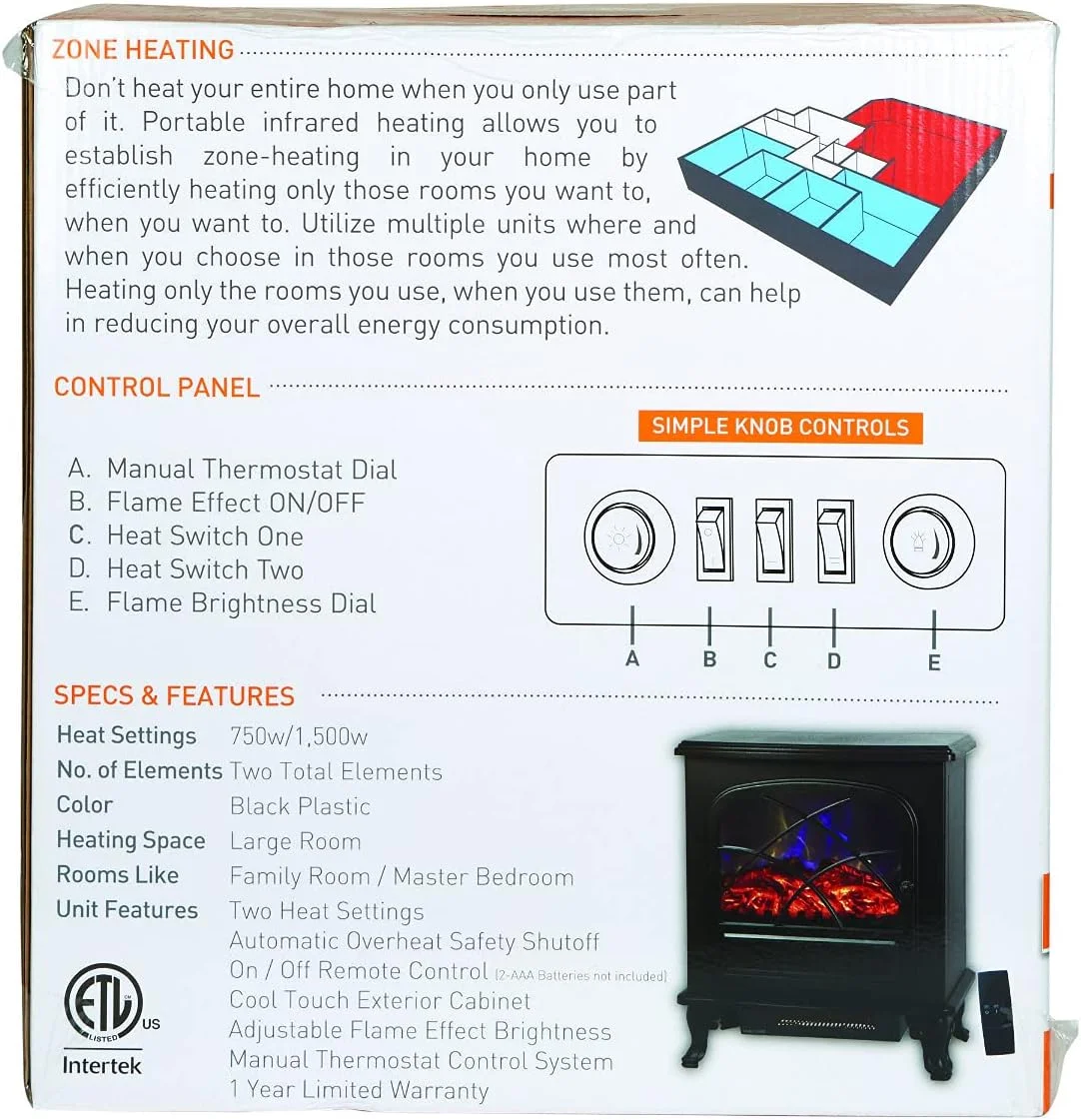 Infrared Electric Fireplace Stove Heater With - L21.26 X W11.15 X H26.77 Hes, Black