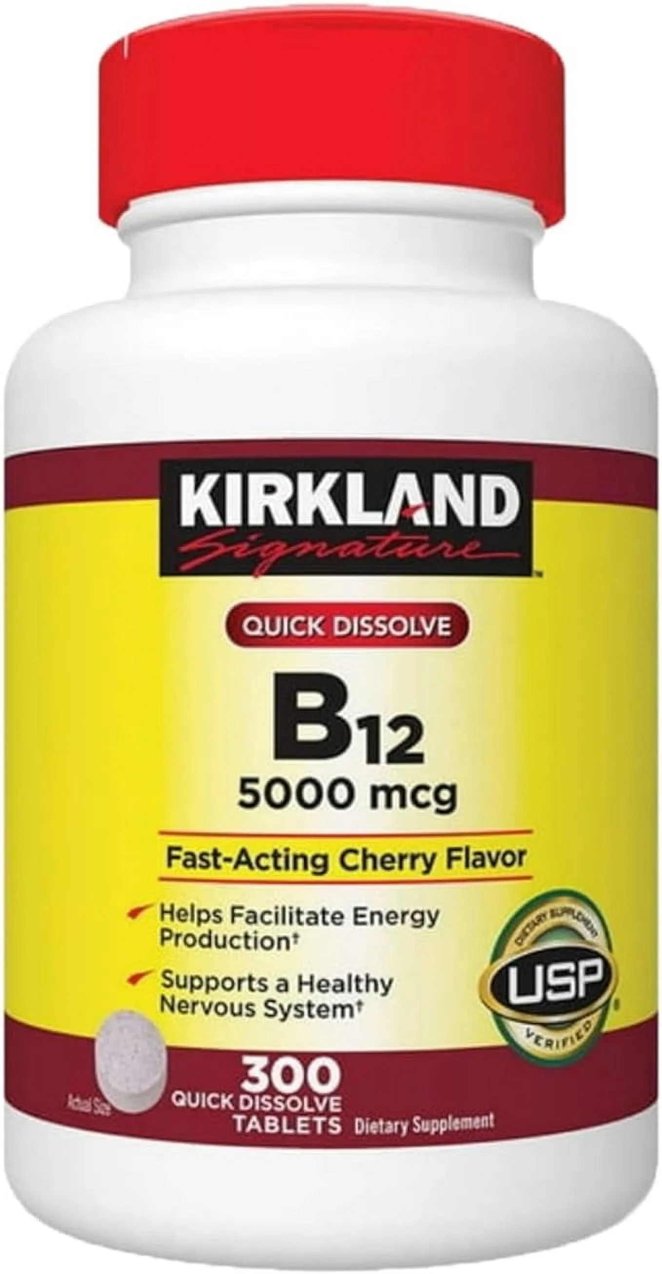 Kir-kland Signature Vitamin B12 5000 mcg Tablets - 300 Count: Boost Energy, Support Brain Health, Cherry Flavored for Long-Lasting Wellness