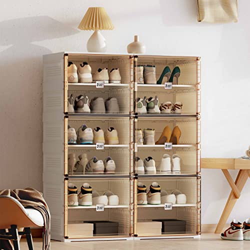 Portable Shoe Rack Organizer for Closet Entryway, Stackable Sneaker Storage Shoe Cabinet with Magnetic Clear Door, Large Plastic Storage containers Bins with Lids 7 Tiers 28 Pairs