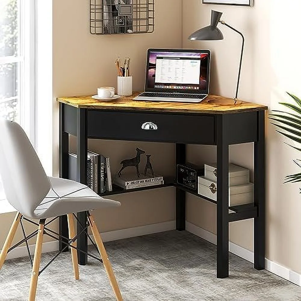 HJNIUNIU Corner Desk with Drawer and Shelves  Wooden Home Office Desk Triangle Computer Desk  Writing Study Desk Computer Workstation  Makeup Vanity Table (Rustic Brown & Black)