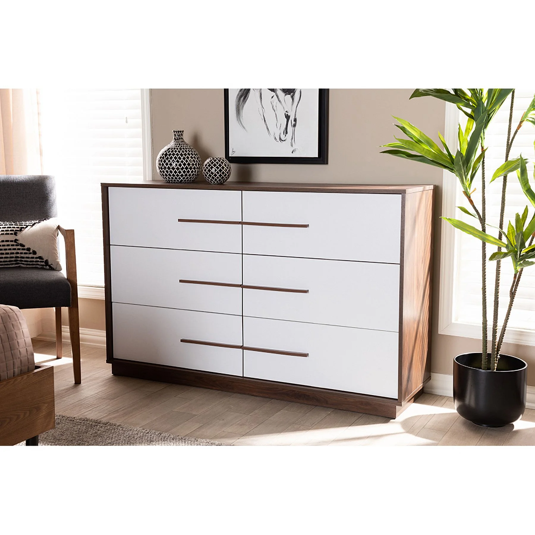 Baxton Studio Mette Mid-Century Modern White and Walnut Finished 6-Drawer Wood Dresser