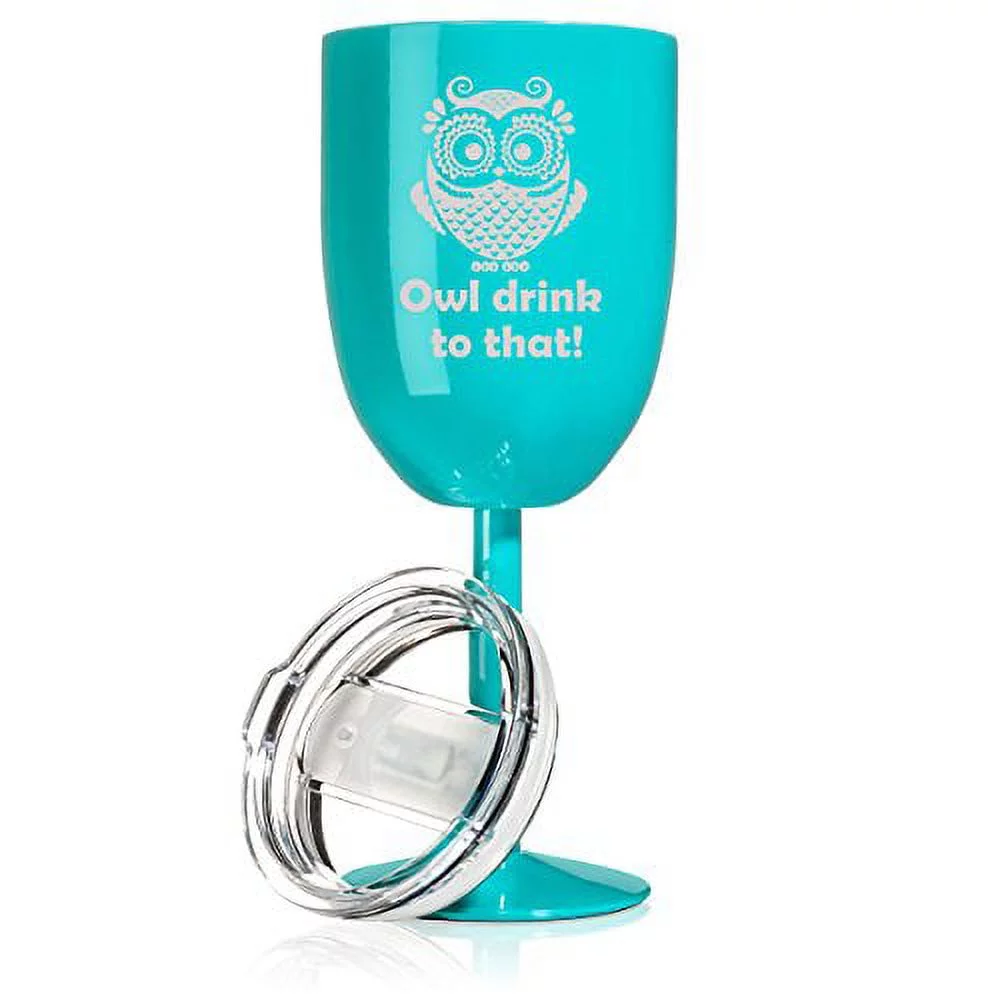 14 oz Double Wall Vacuum Insulated Stainless Steel Wine Tumbler Glass with Lid Funny Owl Drink To That (Teal)